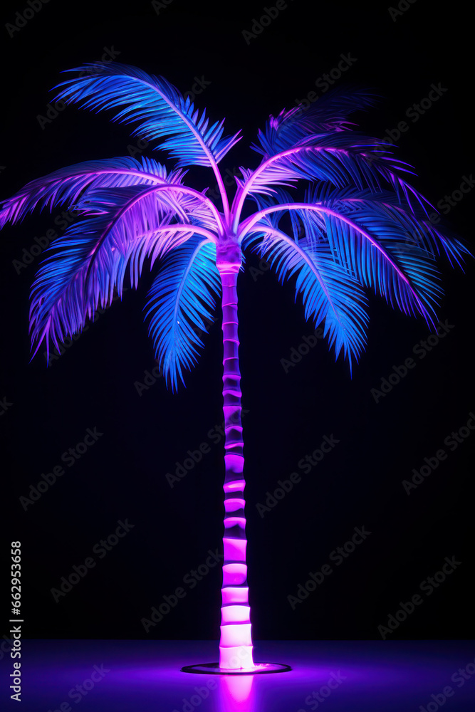 palm tree neon sign, modern glowing design, colorful design trend. summer and tropics. bright violet and pink branches.