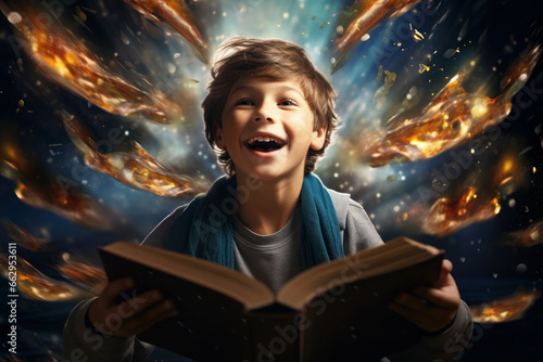 cheerful boy reads literature. magic and imagination from learning. is delighted with the training