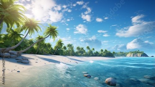 A close-up view of a tropical beach wallpaper, showcasing powdery white sands, azure waters, and swaying palm trees, creating a sense of relaxation and escape