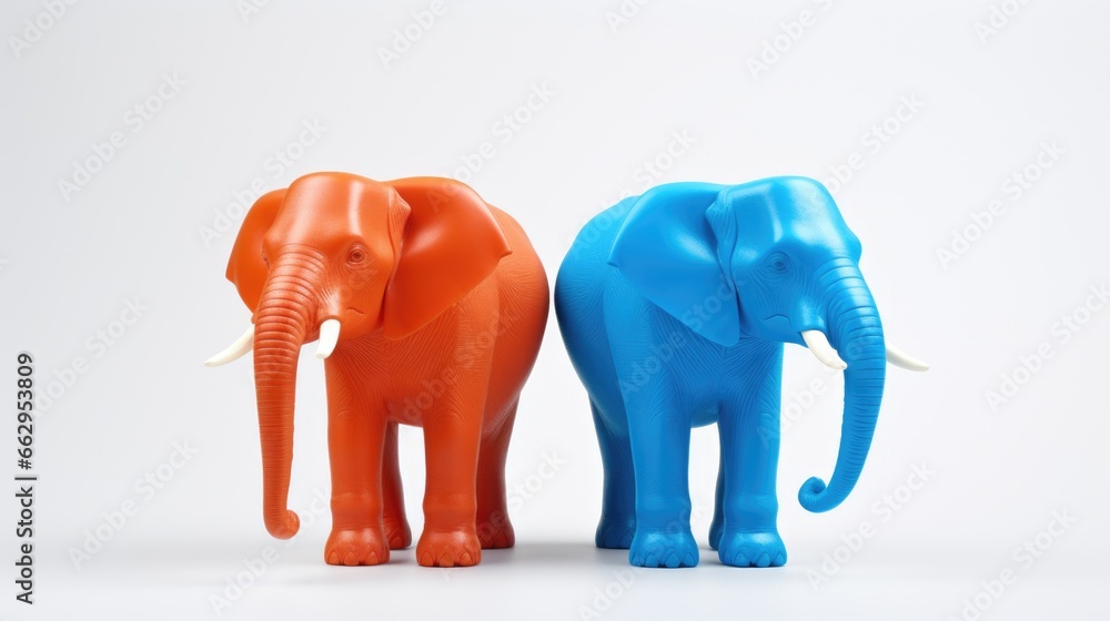 A couple of plastic elephants standing next to each other