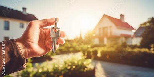 The Key to a New Beginning: A Hand Holding Keys in Front of a Modern New House with a Beautiful Garden, Embracing the Promise of a Fresh Start