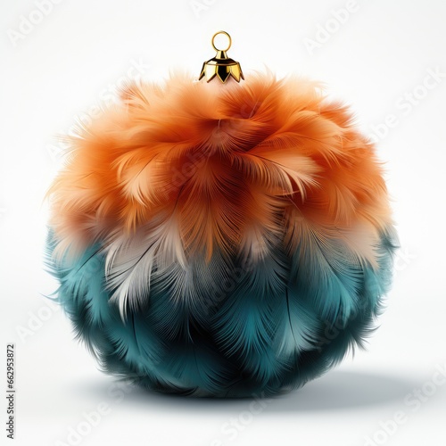 An orange and teal colored pom pom on a white background