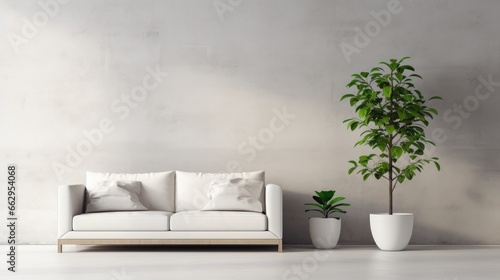 White sofa and potted houseplant. Minimalist modern living room interior design. Generative AI