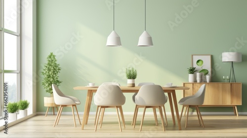 Wooden table and chairs against a green wall. Style interior design of a modern dining room. Generative AI
