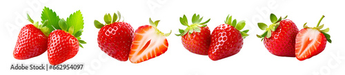 set Strawberries isolated. Two ripe strawberries, half a strawberry with green leaves Isolated cutout on transparent background