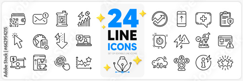 Icons set of Lightning bolt, Privacy policy and 5g cloud line icons pack for app with Cursor, New message, Star thin outline icon. Timer, Coffee maker, Electricity consumption pictogram. Vector