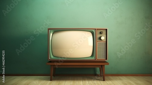 A top-view image showcasing a vintage television with a softly illuminated pastel-colored screen, resting against a textured pastel green wall,