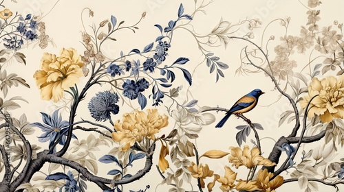  a bird sitting on a branch of a tree with flowers.  generative ai