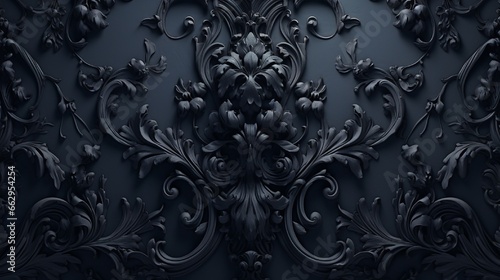 A visually captivating 3D Rococo pattern background in dark black, showcasing the beauty of Rococo-inspired artistry in a modern context
