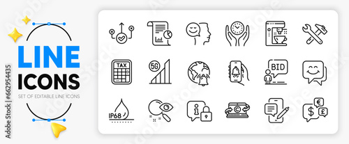Money currency, Copywriting notebook and Smile face line icons set for app include Report, Internet notification, Correct way outline thin icon. 5g wifi, Spanner tool, Lock pictogram icon. Vector
