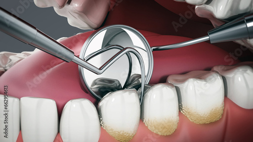 3D illustration showing dentist tools and dental plaque on model. 3D illustration photo