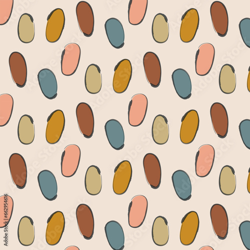 Colorful round shapes with black brush stroke seamless pattern. Vector illustration.