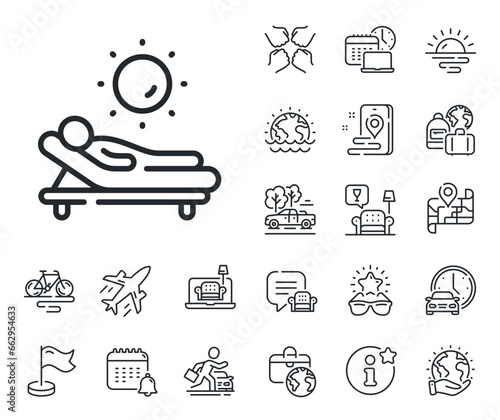 Beach sunbed sign. Plane jet, travel map and baggage claim outline icons. Lounger line icon. Summer vacation symbol. Lounger line sign. Car rental, taxi transport icon. Place location. Vector