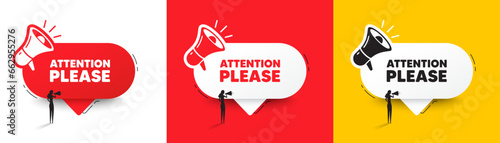 Attention please tag. Speech bubble with megaphone and woman silhouette. Special offer sign. Important information symbol. Attention please chat speech message. Woman with megaphone. Vector