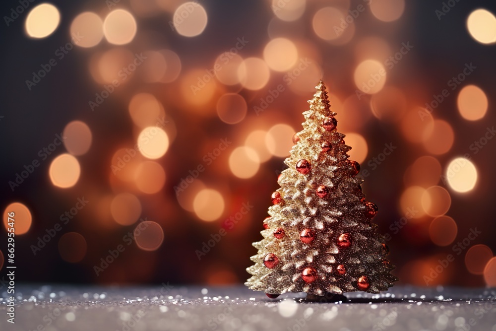 Small toy Christmas tree on warm sparkling bokeh background, generative