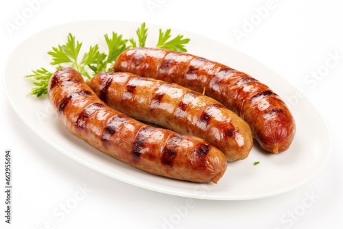 Three grilled sausages on a white plate, garnished with parsley.