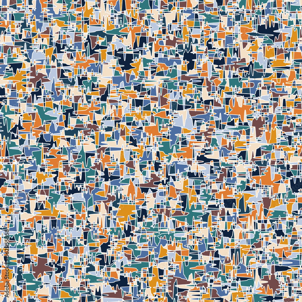Modern art style camouflage doodle with many small orange and blue geometric pieces on a white background. Abstract design surface. Seamless repeating pattern. Modern art style camouflage doodle with many small orange and blue geometric pieces on a white background. Abstract design surface. Seamless repeating pattern.