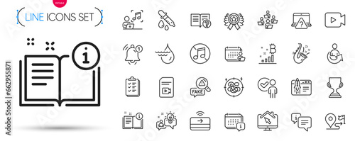 Pack of Info, Video file and Winner ribbon line icons. Include Music, Verification person, Chemistry pipette pictogram icons. Accounting, Help, Contactless payment signs. Calendar. Vector