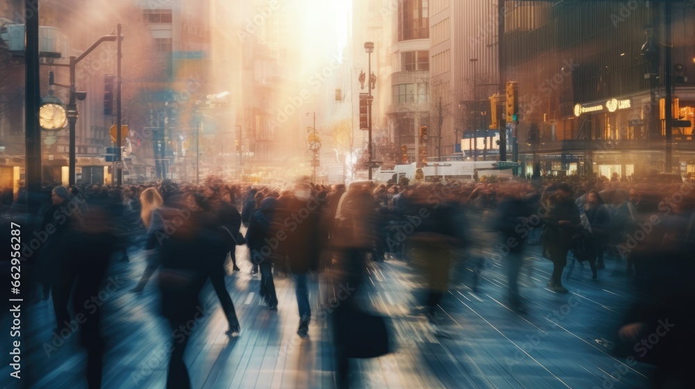 Pedestrian blur, crowd of people walking in city, panoramic view of people crossing the street. AI Pedestrian blur, crowd of people walking in city, panoramic view of people crossing the street. AI