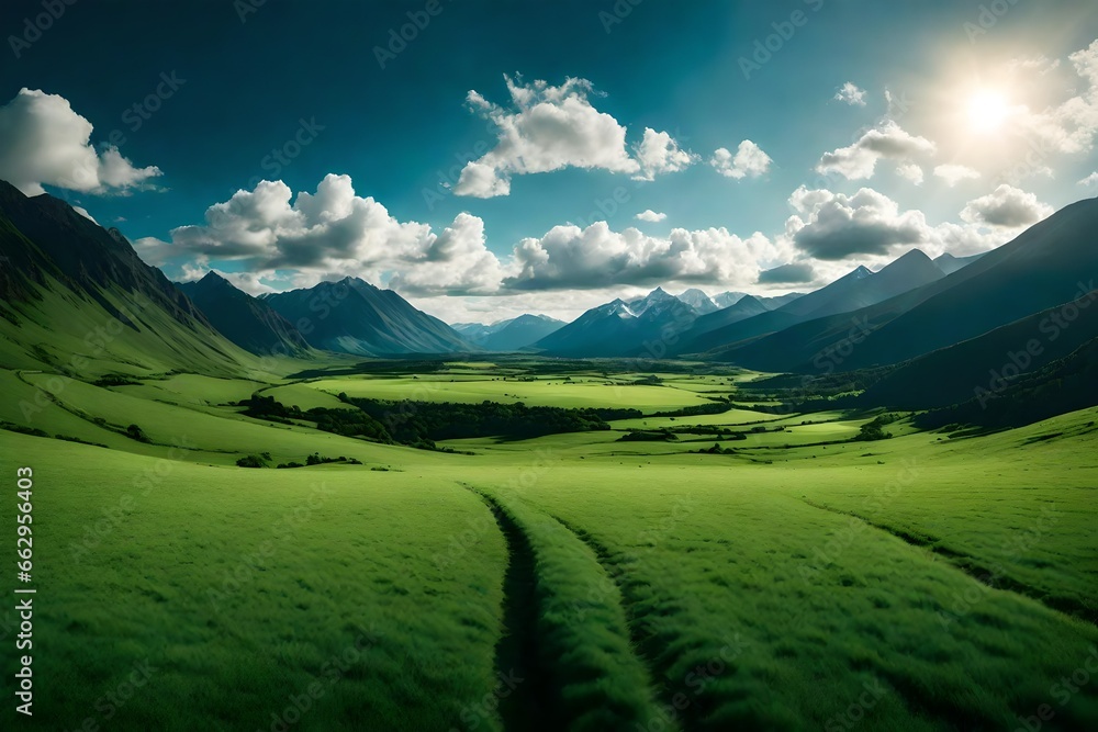 natural landscape with green grass field, blue sky with clouds and mountains in background.