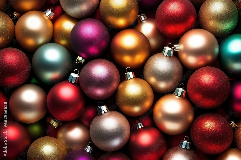Christmas and New Year background, ornament of bright multi-colored glass decorative Christmas balls and baubles, shining lights and sparkles, close up macro Christmas and New Year background, ornament of bright multi-colored glass decorative Christmas balls and baubles, shining lights and sparkles, close up macro