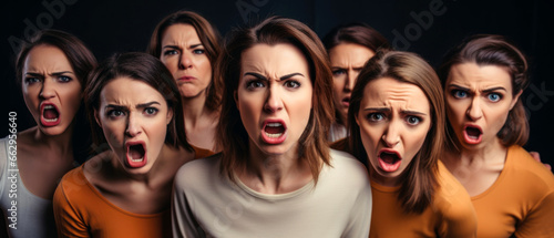 Group of furious angry women yelling looking at the camera 