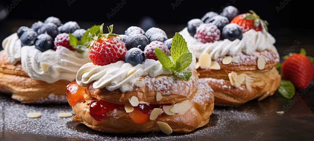close up homemade croissant pie with fresh fruit,  look yummy, Generative Ai	
