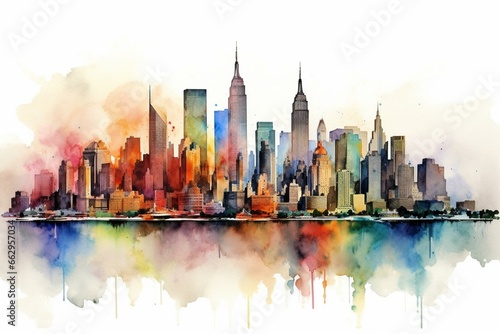 Colorful NYC skyline in watercolor. Manhattan urban artwork. Generative AI