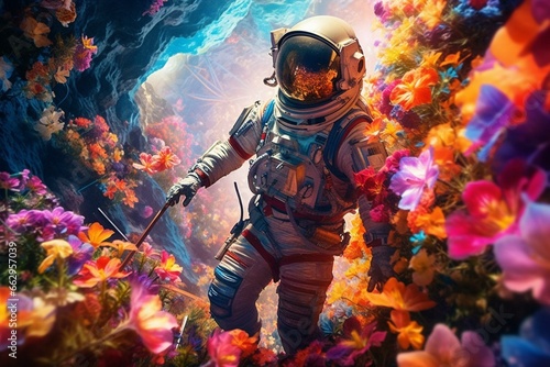 Astronaut amidst vibrant flowers, viewed from above. A calming space fantasy with contrasting lights. Exquisite. Generative AI