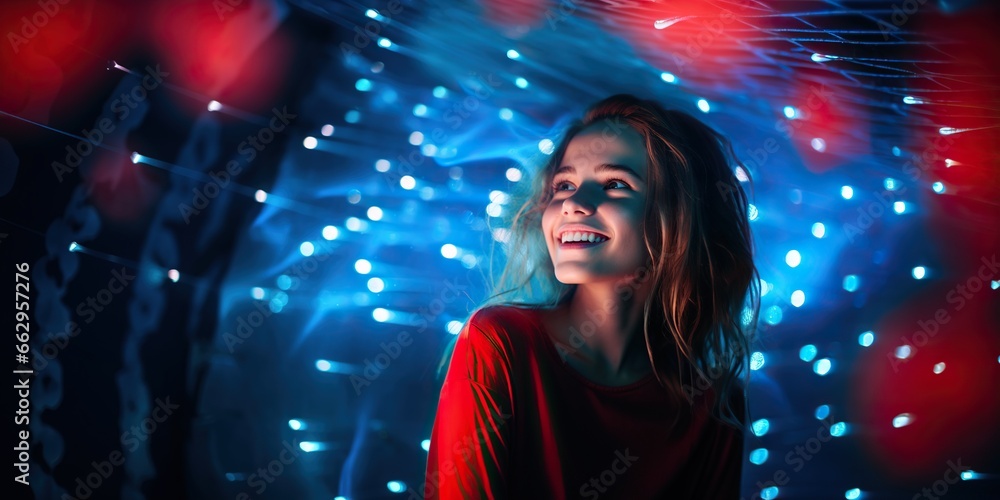 Portrait of a happy girl in blue and red lighting on studio background , concept of Color harmony