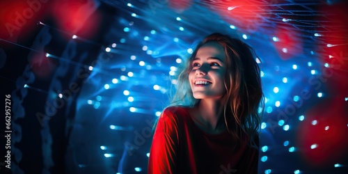 Portrait of a happy girl in blue and red lighting on studio background , concept of Color harmony