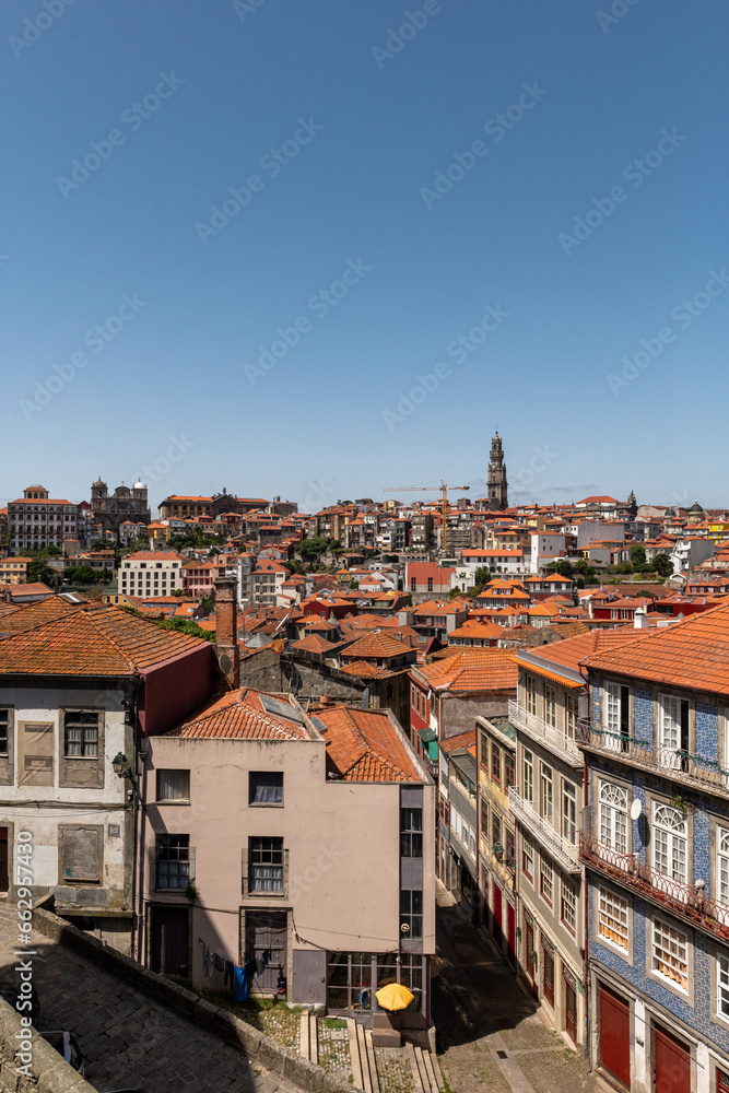 wieża katedry górująca nad kamienicami w Porto - obrazy, fototapety, plakaty 