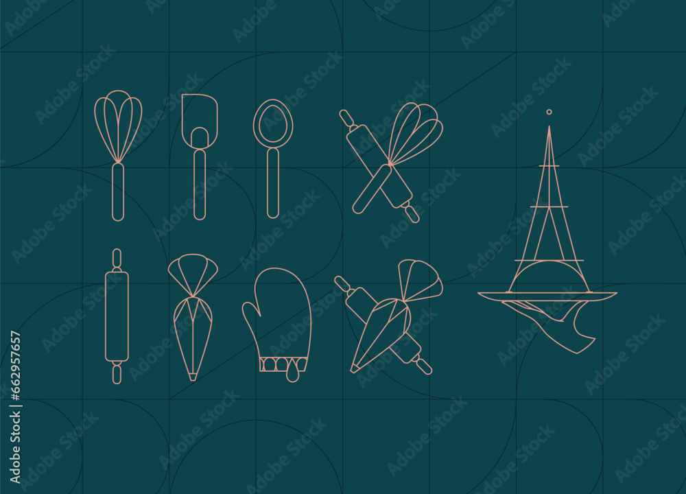 Kitchen utensils in art deco style to prepare bakery products whisk, spatula, measuring spoon, rolling pin, pastry bag, potholder, dish drawing on dark turquoise background