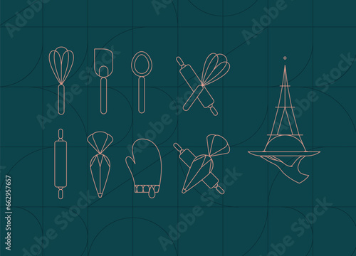 Obraz na płótnie Kitchen utensils in art deco style to prepare bakery products whisk, spatula, measuring spoon, rolling pin, pastry bag, potholder, dish drawing on dark turquoise background w salonie
