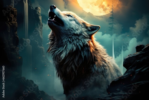 A wolf is standing in front of a full moon