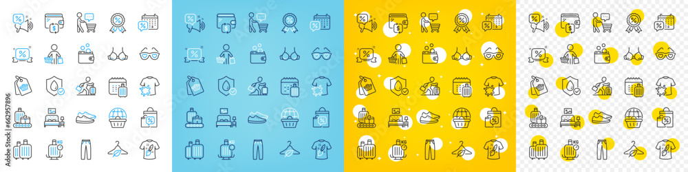 Vector icons set of Buyer, Travel delay and Wallet line icons pack for web with Discounts ribbon, Sale bags, Discounts offer outline icon. Waterproof, Sale tag, Online shopping pictogram. Vector Vector icons set of Buyer, Travel delay and Wallet line icons pack for web with Discounts ribbon, Sale bags, Discounts offer outline icon. Waterproof, Sale tag, Online shopping pictogram. Vector