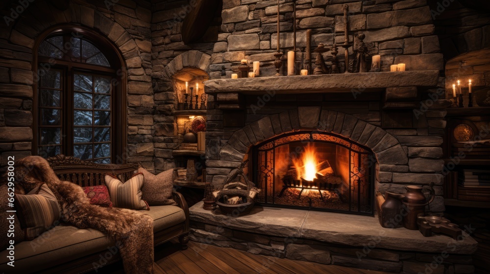 Naklejka premium Fairytale hut with stone fireplace and cozy atmosphere. AI