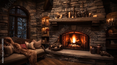 Fairytale hut with stone fireplace and cozy atmosphere. AI