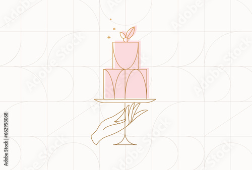 Obraz na płótnie Cake stand with dessert in art deco style holding by hand drawing on beige background w salonie