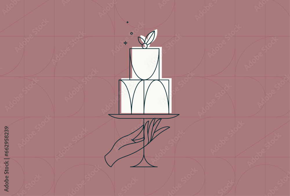 Cake stand with dessert in art deco style holding by hand drawing on coral background
