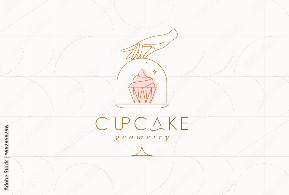 Cake stand with cupcake in art deco style holding by hand drawing on beige background