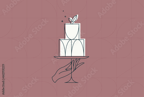 Obraz na płótnie Cake stand with dessert in art deco style holding by hand drawing on coral background w salonie