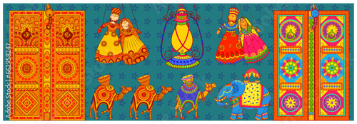 Culture of Rajasthan in Indian art style. Door drum camel in Rajasthan Style. Vector File. photo
