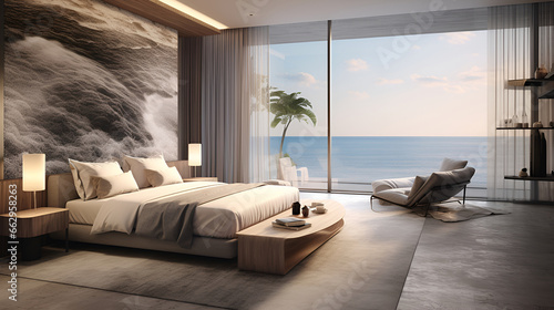 A modern hotel room in a hotel with sleek gray loft-style walls and large windows overlooking the sea. © Tanuha