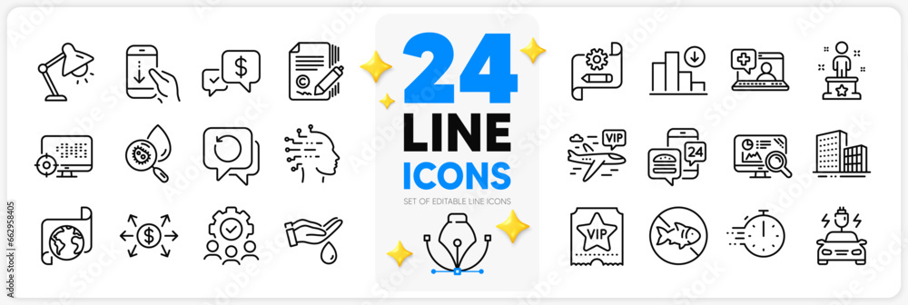 Icons set of Translation service, Stop fishing and Seo line icons pack for app with Recovery data, Copywriting, Artificial intelligence thin outline icon. Car charging. Design with 3d stars. Vector