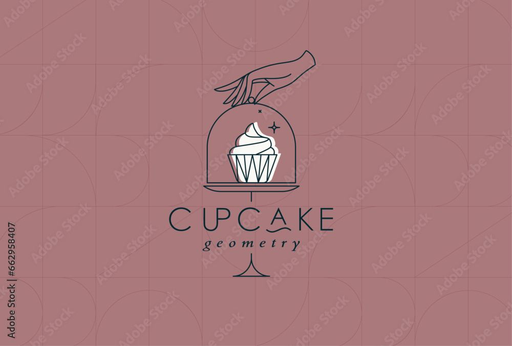 Cake stand with cupcake in art deco style holding by hand drawing on coral background