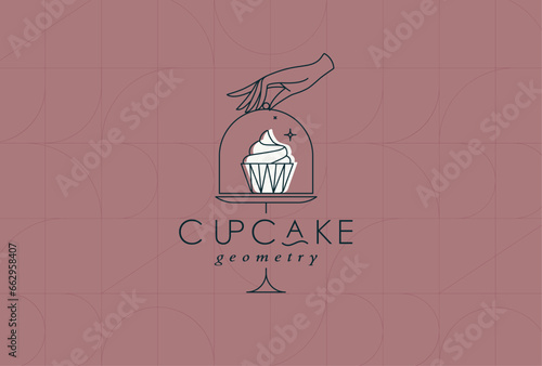 Obraz na płótnie Cake stand with cupcake in art deco style holding by hand drawing on coral background w salonie