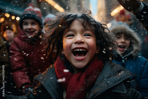 Small happy children having fun together in the street on winter holidays