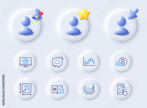 Music book, Square area and Star rating line icons. Placeholder with 3d cursor, bell, star. Pack of Candlestick graph, Refresh bitcoin, Smile chat icon. Web shop, Scuba diving pictogram. Vector