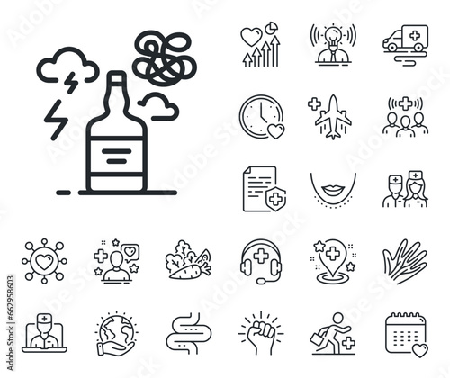 Difficult stress sign. Online doctor, patient and medicine outline icons. Alcohol addiction line icon. Mental health problem symbol. Alcohol addiction line sign. Vector